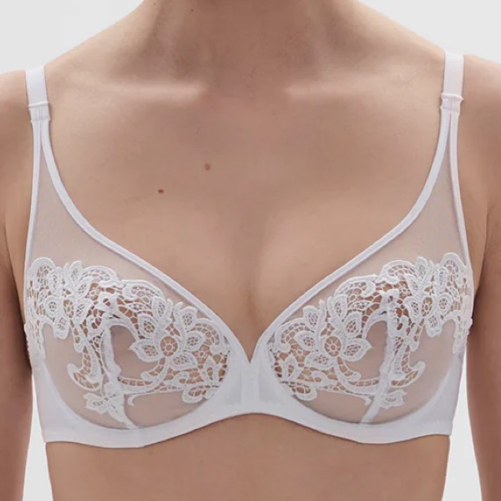 NWOT $135 Simone Perele 32DD Saga Full Coverage Plunge Bra Embroidery White
